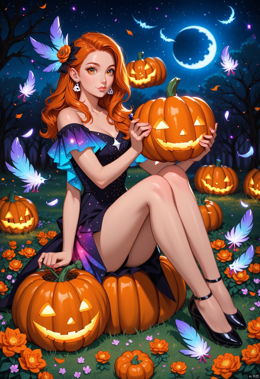 A serene 8K photo of a  girl (GG),((lots of galaxy+halloween color feathers):1.3), orange tone color, cute face, sitting, Hair pumpkin, decorative art, In the flowers,earrings,eyelashes,a charming face,glowing lips,clavicle,shoulder exposure,floating petals,dreamy and beautiful,bare legs,full body,yc-hd,score_9 score_8_up score_7_up,