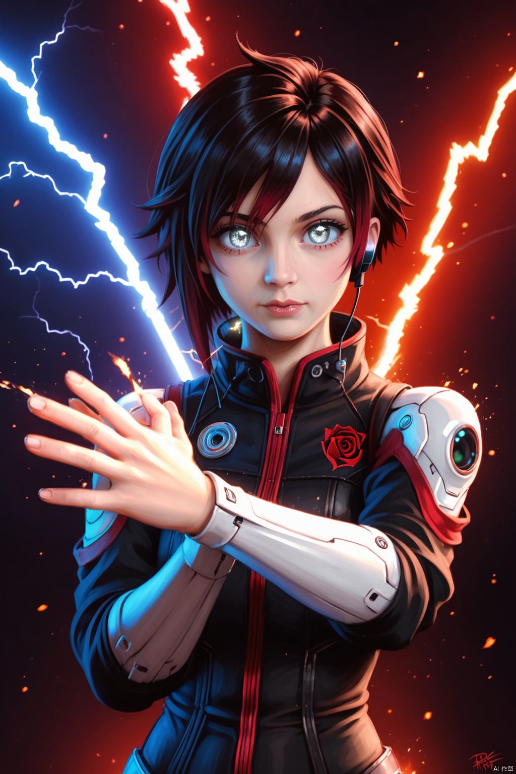 Akira Toriyama,Toei Animations,Hasegawa Tōhaku,fantasy,cyberpunk,glowing_eye,,Movie Poster page,(promotional poster),Ruby Rose,1female,solo,humanoid android,silver eyes,singer's uniform,headset,WeirdOutfit style,concert,Nippon Budokan,glowneon,glowing,sparks,lightning,shadow minimalism,(best quality),(masterpiece),detailed,beautiful detailed eyes,perfect anatomy,perfect body,perfect face,perfect hair,perfect legs,perfect hands,perfect arms,perfect fingers,detailed hair,detailed face,detailed eyes,detailed clothes,detailed skin,ultra-detailed,(full body),(upper body),(top quality),pop art,extremely detailed,extremely detailed CG,(high resolution),highly detailed,(high quality),(perfect quality),(glitchcore colors),, Ultra-realistic 8k CG,masterpiece,best quality,(photorealistic:1.4),HDR,absurdres,RAW photo,(film grain:1.1),studio light,score_9 score_8_up score_7_up,