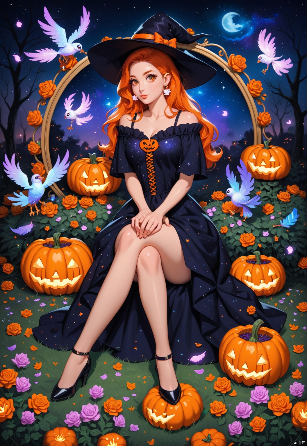 A serene 8K photo of a  girl (GG),((lots of galaxy+halloween color feathers):1.3), orange tone color, cute face, sitting, Hair pumpkin, decorative art, In the flowers,earrings,eyelashes,a charming face,glowing lips,clavicle,shoulder exposure,floating petals,dreamy and beautiful,bare legs,full body,yc-hd,score_9 score_8_up score_7_up,