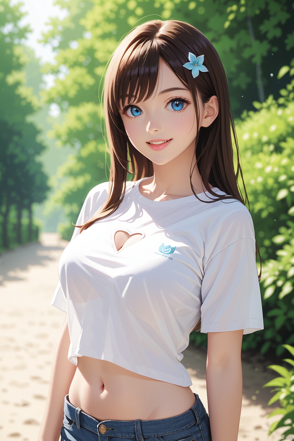 提示1girl, long hair, blue eyes, hair ornament, solo, brown hair, upper body, breasts, blurry background, looking at viewer,(smile:0.6),posing,wallpaper,available light,realistic,in summer,day,outdoors,bishoujo,(cowboy_shot:1.1),露腰上衣,short shorts,t-shirt,navel cutout,(white shirt:1.4),score_9 score_8_up score_7_up,