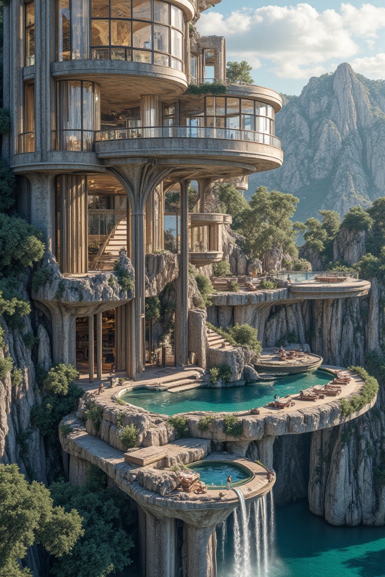 An ultra high definition, photorealistic scene of a modern, multi-level glass house with expansive windows, showcasing various rooms and balconies overlooking a scenic mountain landscape during sunset. The house features stainless steel safety railings, a logical spiral stair design with wooden steps, and a sleek, elegant architectural look. Translucent, sleek, and modern curtains flow gently inside the glass house. The structure is partially submerged in a crystal-clear lagoon. Sunlight filters through a thick canopy, casting dappled light on the scene. A waterfall cascades down the building steps, creating a serene yet mysterious atmosphere.,Archy