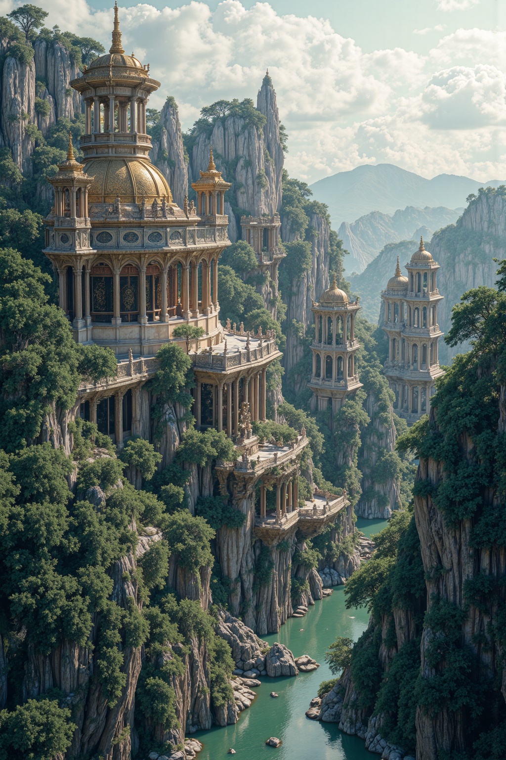 An ultra high definition, photorealistic scene of serene view of an enormous ancient chinese temples,. Lush greenery and ancient pagodas dot the landscape, creating a harmonious balance between nature . Soft color transitions, mystical, ethereal lighting. Created Using: Japanese ink painting style, detailed brushstrokes, wide-angle lens effect, soft gradient lighting, traditional art techniques, fog diffusion, HDR photography, Archy