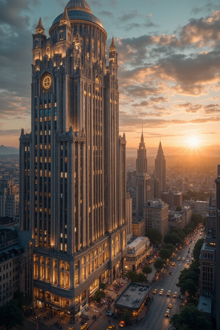 A towering Art Deco skyscraper in the heart of a bustling city, framed against a vibrant sunset. The building features intricate geometric patterns and metallic accents, with neon lights illuminating the facade. The bustling city streets below are filled with people, taxis, and vintage cars, creating a dynamic contrast with the sleek, modern architecture. The composition captures the grandeur of the skyscraper, with the cityscape sprawling out in the background, under a twilight sky.