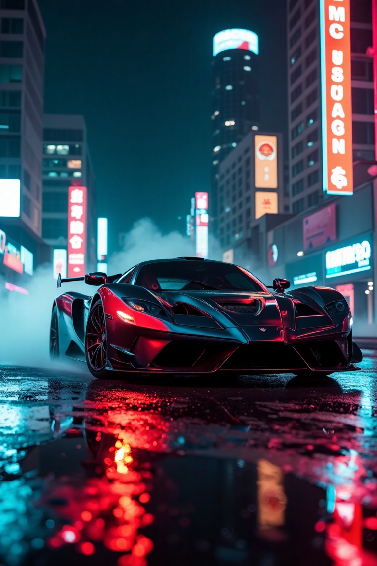 cinematic film still cyberpunk sportscar riding into a dark neon lighted city,  amazing details,  masterpiece on Tensor.Art