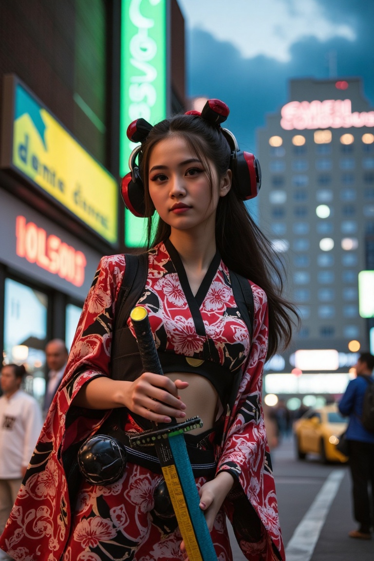 A young geisha with cyberpunk armor and kimono standing in a cyberpunk city,  in the background is a hotel called "Colossu...