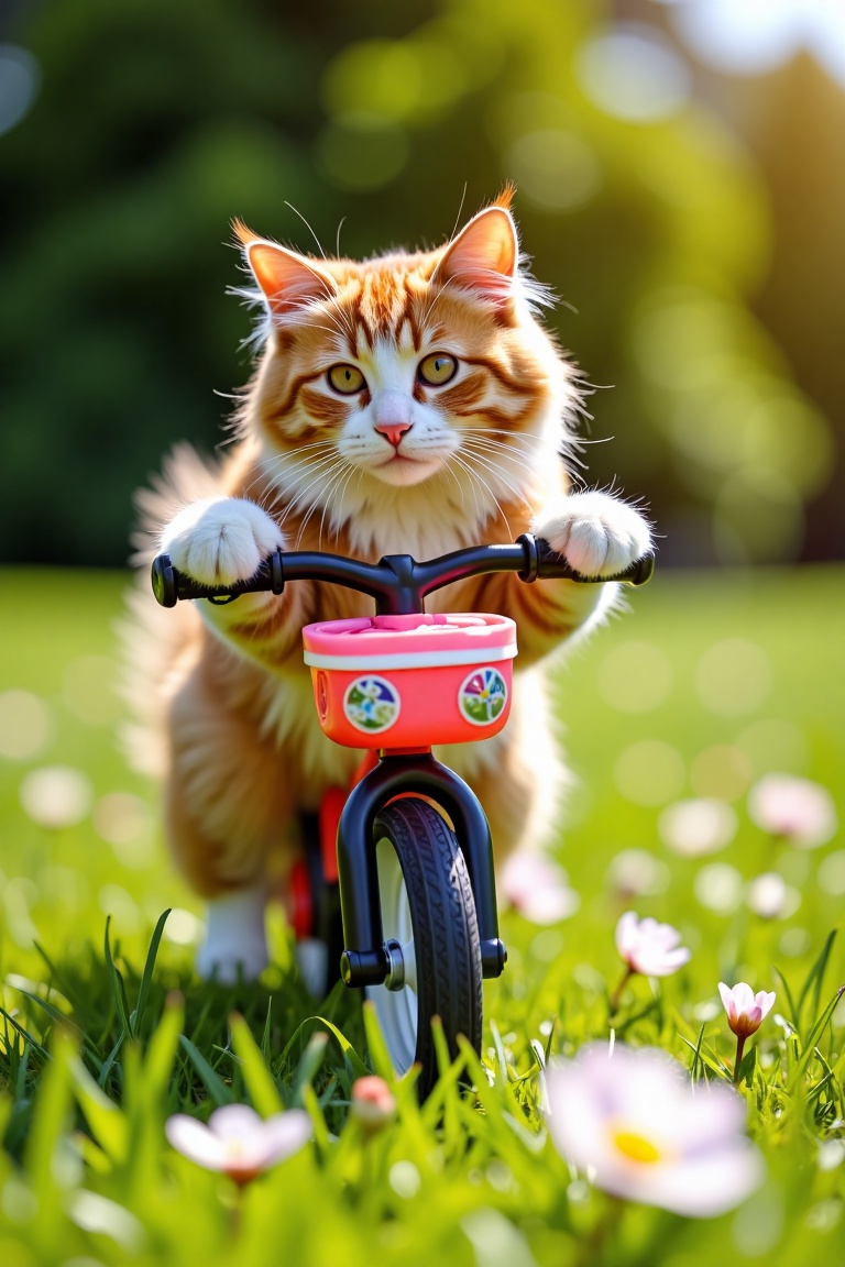 A playful cat riding a small,  colorful bike,  paws on the handlebars on Tensor.Art