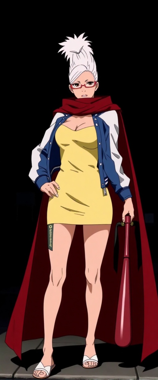 An animated image of a woman in a yellow dress,  white sandals,  and a blue and white jacket. The woman is holding a red b...