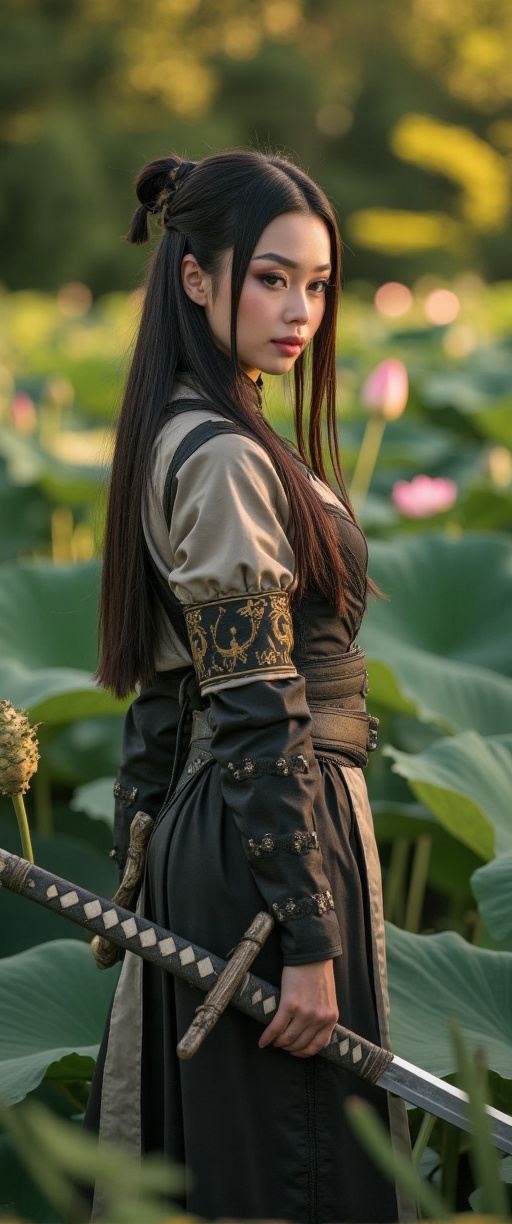 A serene xuer lotus pond serves as the tranquil backdrop for a lone warrior,  dressed in traditional Chinese attire,  stan...