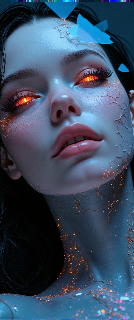 In a cinematic ,  a beautiful humanoid female cyborg lies broken on a cracked porcelain face,  her digital art exterior sh...
