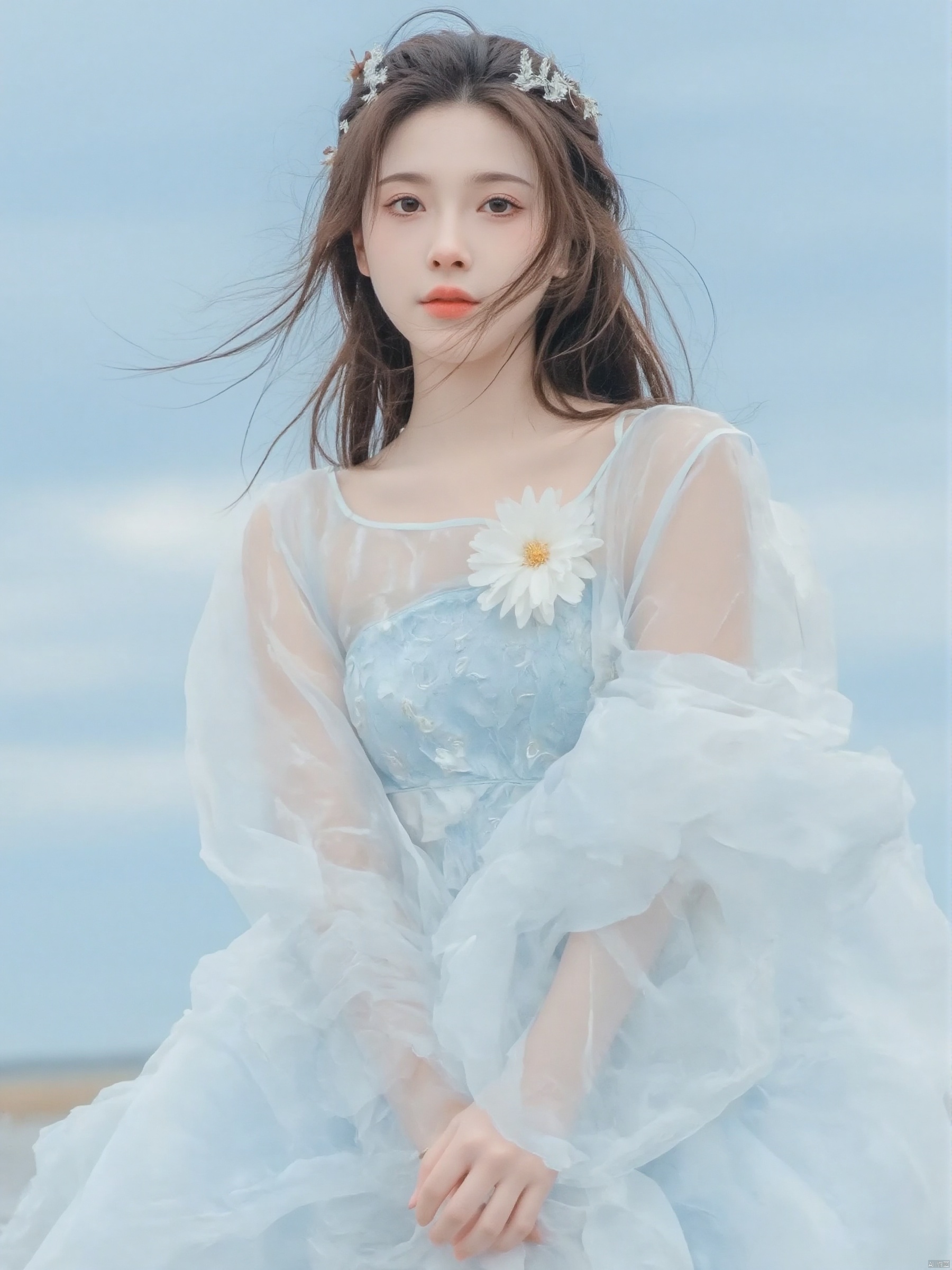 a medium-sized Asian woman with long brown hair,wearing a light blue sleeveless dress adorned with a white flower on the left side of her dress.The backdrop is a soft blue sky,creating a stark contrast to the woman's outfit.,