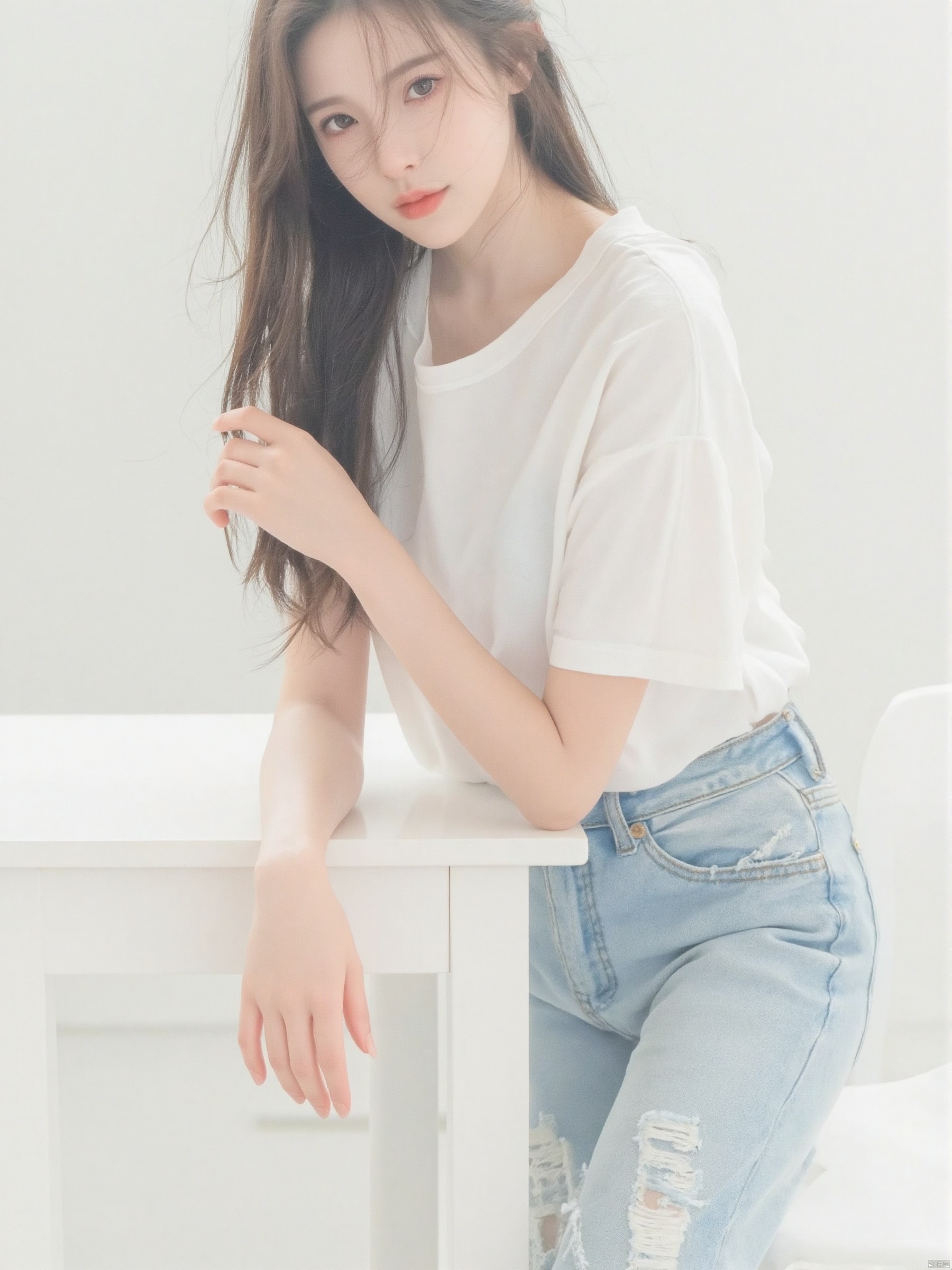 a young Asian woman with long dark brown hair, wearing a white short-sleeved t-shirt and jeans, is leaning on a white table. Her left hand is resting on the table, adding a touch of touch to the scene. The backdrop is a stark white wall, creating a stark contrast to the woman's white shirt.