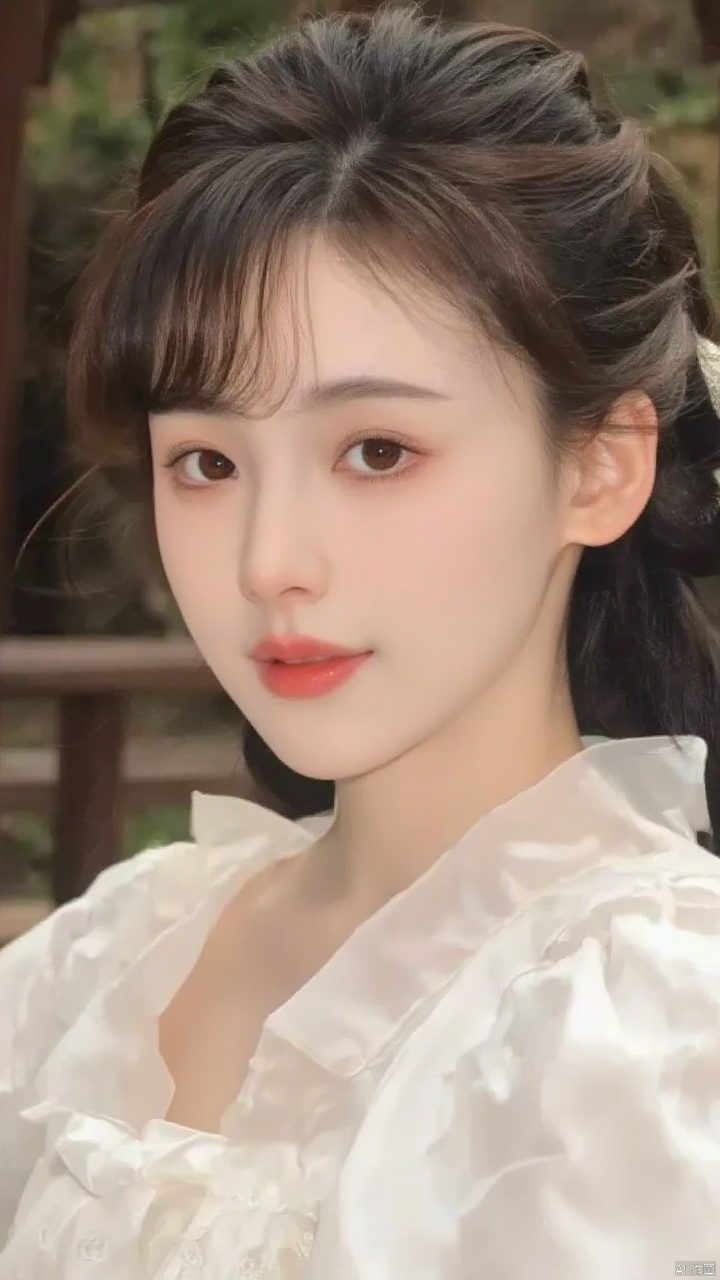 A close-up shot of a young Asian woman with dark brown eyes and dark brown hair. She is dressed in a white dress with a white blouse that has a ruffled collar. The background is blurred, but it is out of focus. The woman's lips are a vibrant shade of red. Her eyebrows are a darker shade of brown. She has a slight smile on her face, adding a pop of color to her face.