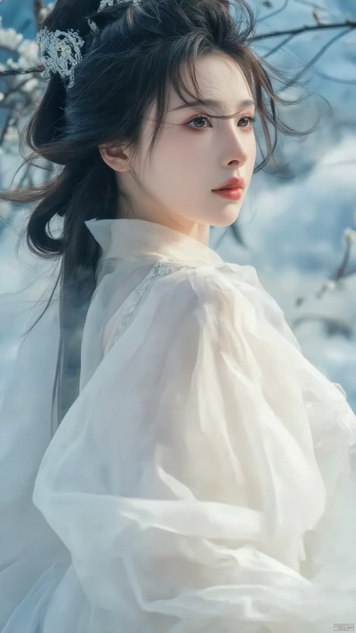 Chinese portrait photography, featuring ancient style beauties and unparalleled beauties. The lower part of the image is shrouded in white mist, creating a bright environment amidst clouds. Canon camera portrait shooting, 135mm, aperture 1.4, ultra realistic real person post production special effects, long shot,wide shot, A side portrait of a beautiful woman with messy blue hair, wearing a white chiffon suit, beautiful cheeks, immortal style, Tai Chi pattern, background with the Five Elements Eight Trigrams, ethereal and mysterious atmosphere, high resolution, fine texture, soft lighting, high quality, masterpiece, master's work, ultra high definition, 8K