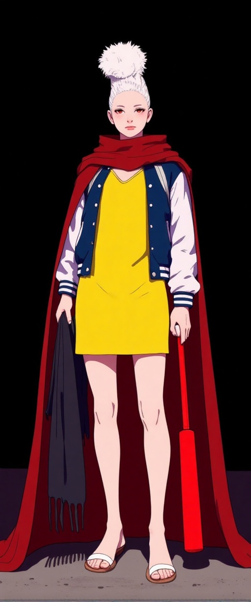 An animated image of a woman in a yellow dress,  white sandals,  and a blue and white jacket. The woman is holding a red b...