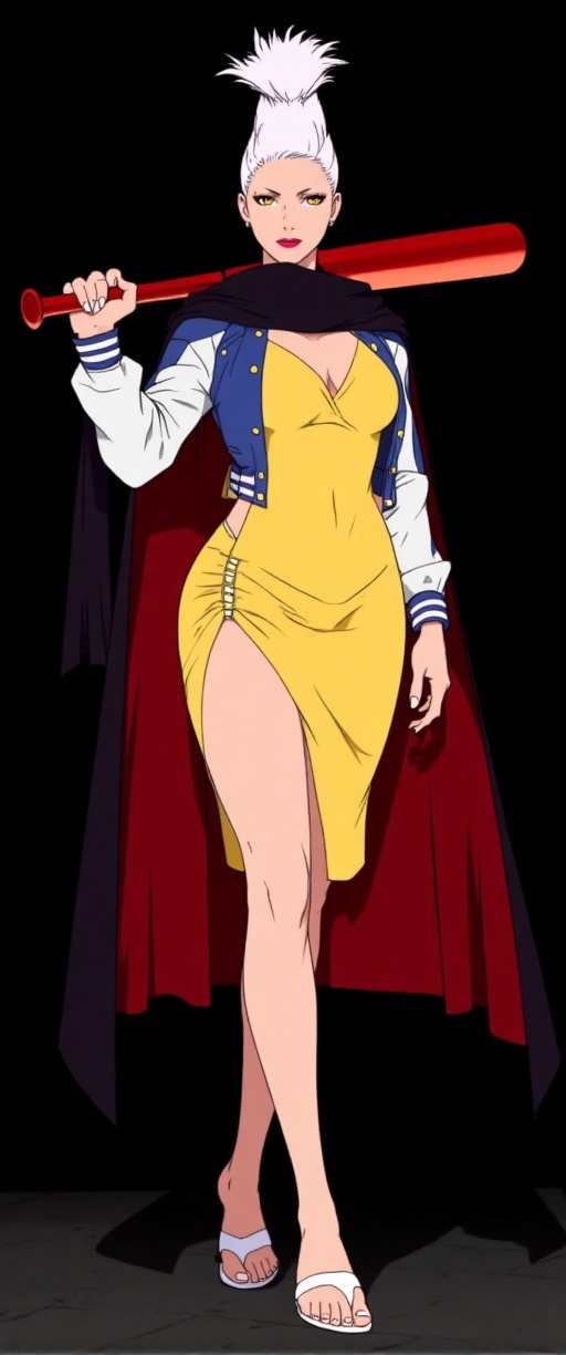 An animated image of a woman in a yellow dress,  white sandals,  and a blue and white jacket. The woman is holding a red b...