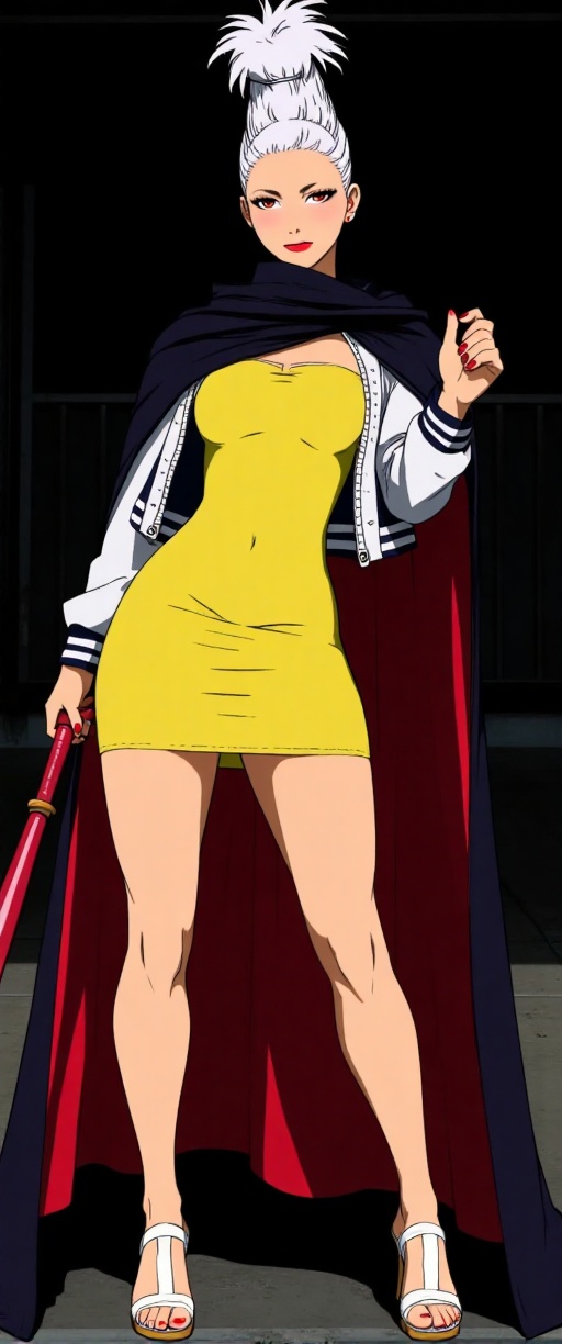 An animated image of a woman in a yellow dress,  white sandals,  and a blue and white jacket. The woman is holding a red b...