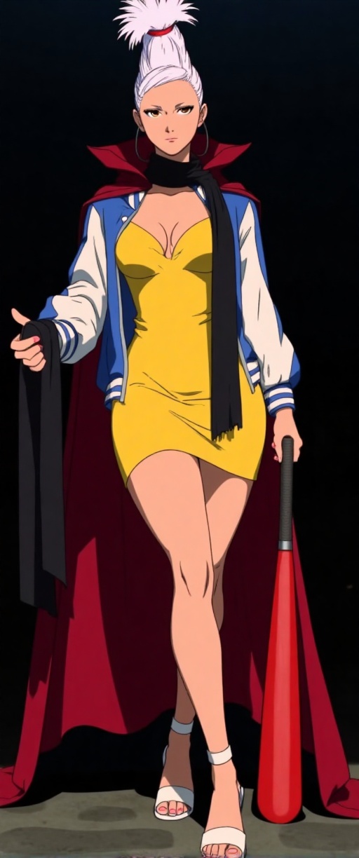 An animated image of a woman in a yellow dress,  white sandals,  and a blue and white jacket. The woman is holding a red b...
