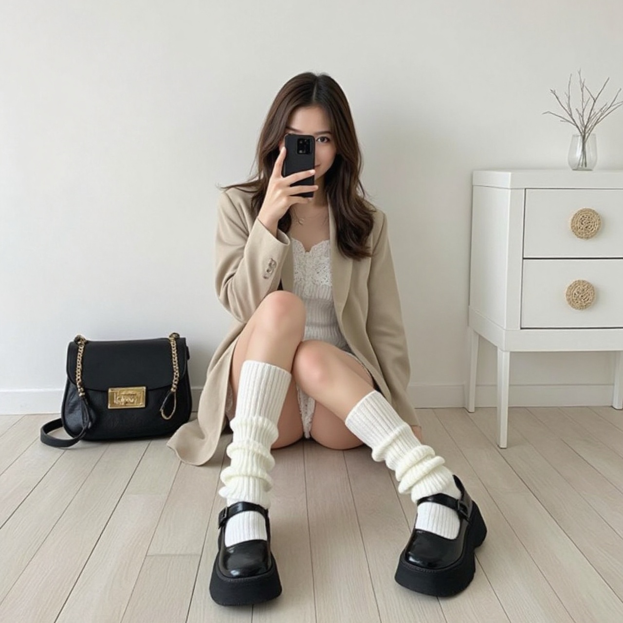 The image is a high-resolution photograph featuring a young asian woman seated on a light wooden floor in a minimalist,  m...