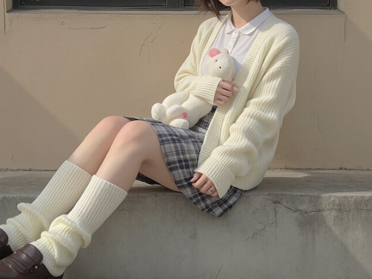 The image is a photograph capturing the lower half of a young woman seated on a concrete ledge. She is dressed in a classi...