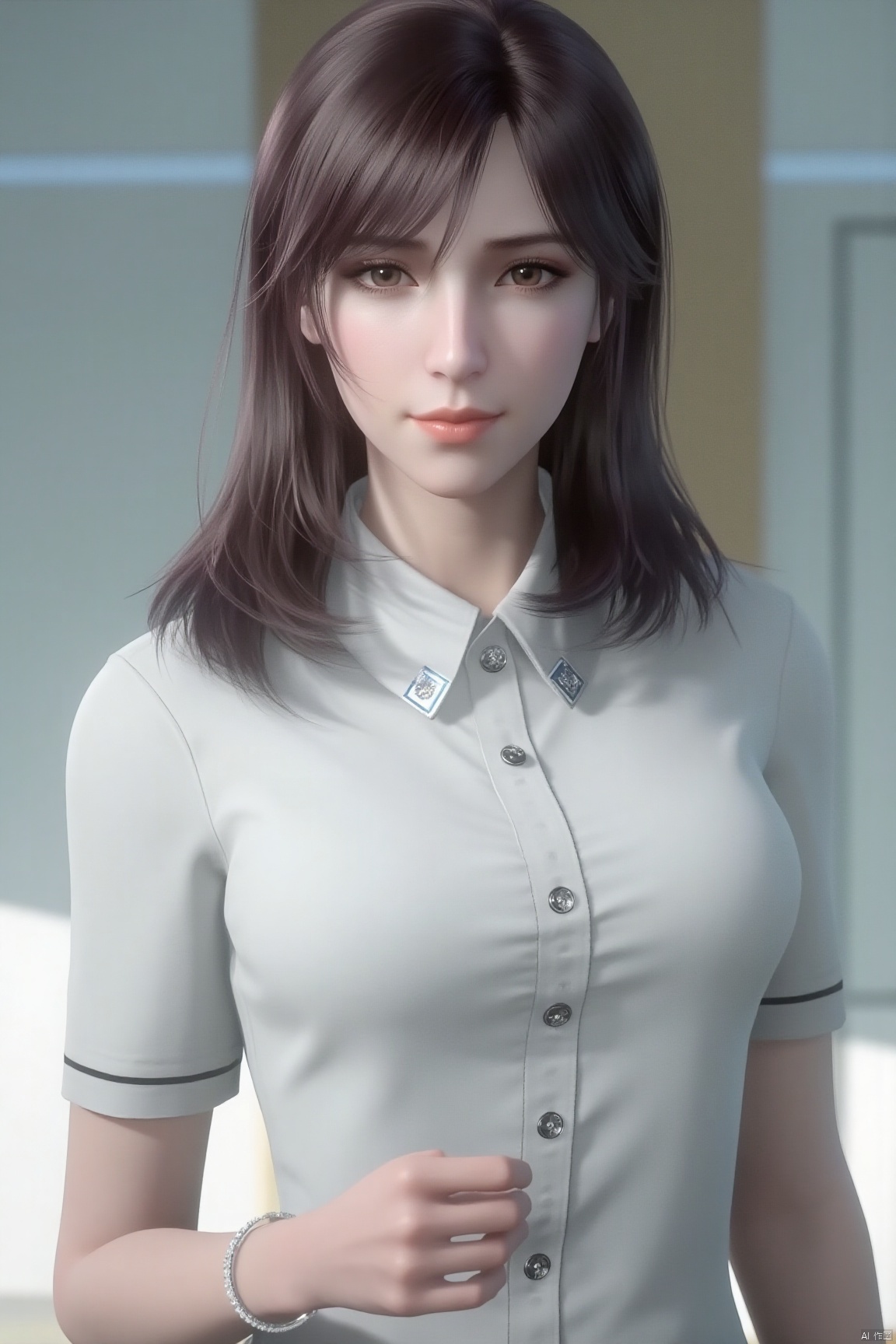 (Clear lines, high definition, Best quality,  masterpiece, 4K),1girl, solo, long hair, breasts, brown hair, shirt, brown eyes, jewelry, medium breasts, closed mouth, white shirt, upper body, short sleeves, collared shirt, bracelet, lips, buttons, realistic, realistic,XuXin