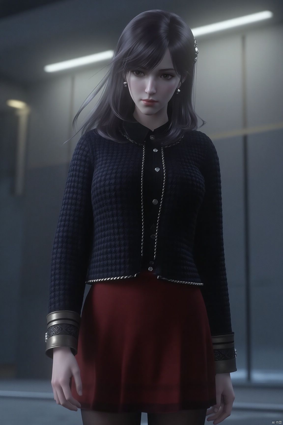 (Clear lines, high definition, Best quality,  masterpiece, 4K),1girl, solo, long hair, looking at viewer,red skirt, black long sleeves,looking down,black hair, hair ornament, jewelry, pantyhose, earrings, lips, realistic,XuXin