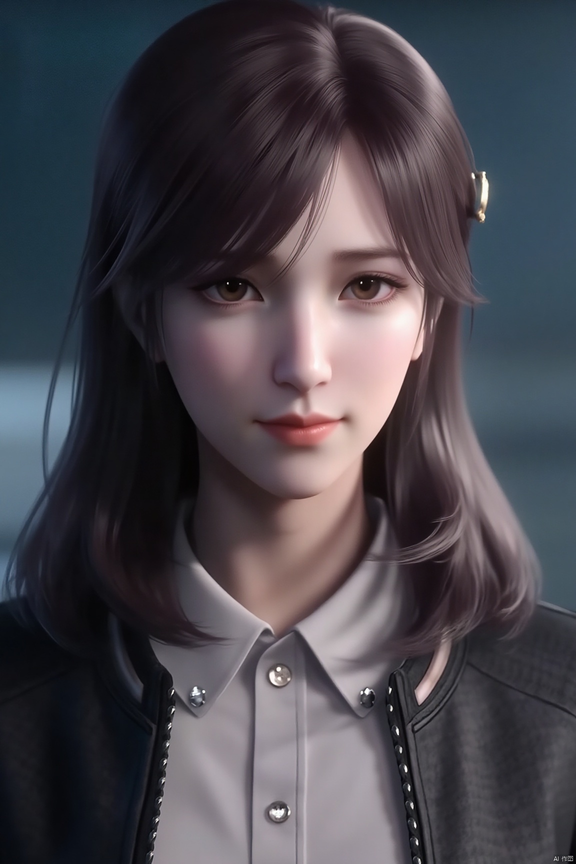 (Clear lines, high definition, Best quality,  masterpiece, 4K),1girl, solo, long hair, looking at viewer, bangs, brown hair, black hair, brown eyes, closed mouth, jacket, upper body, lips, blurry background, realistic, XuXin