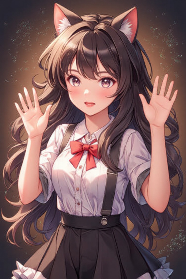 A cute girl is waving both hands and smiling at me. It's a Halloween party. The girl is cosplaying as a cat girl. She's a...