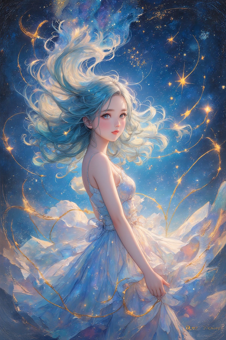 A girl with a dreamy smile,  her hair waving in random blue and gold gradations,  and wearing a dress with frills that spa...