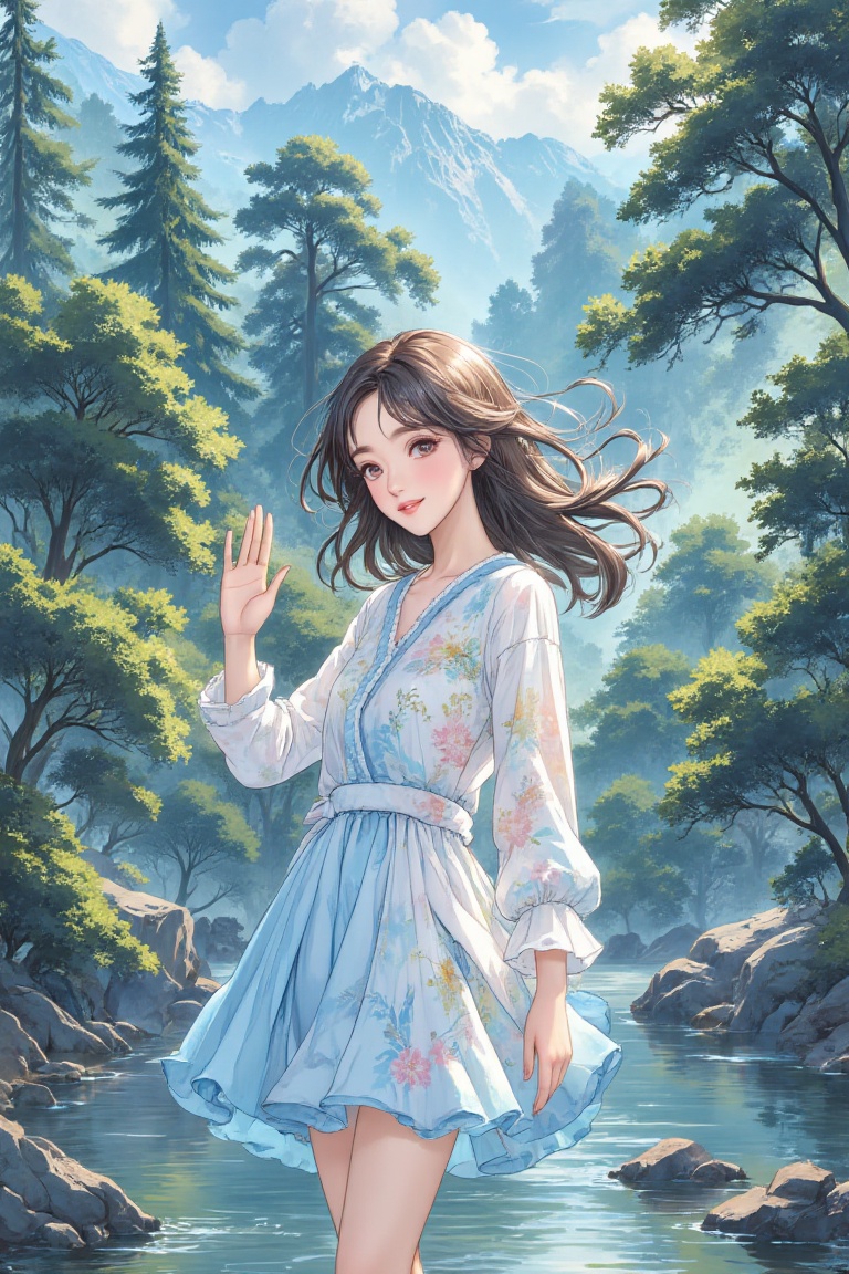 AA cute girl is waving at me. She is standing in a cool canyon. A stream is babbling at her feet. The girl is a little flu...