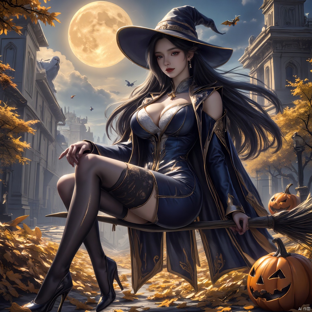 Masterpiece, best quality, stunning details, realistic photos, 1girl, witch hat, long flowing hair, high quality fair skin, big breasts, long lace gloves, off-shoulder witch robe, (shiny pantyhose), long legs, high heels, full body, night, (riding a broomstick in the air), huge moon, ghost, bat, pumpkin head, city background, Halloween,