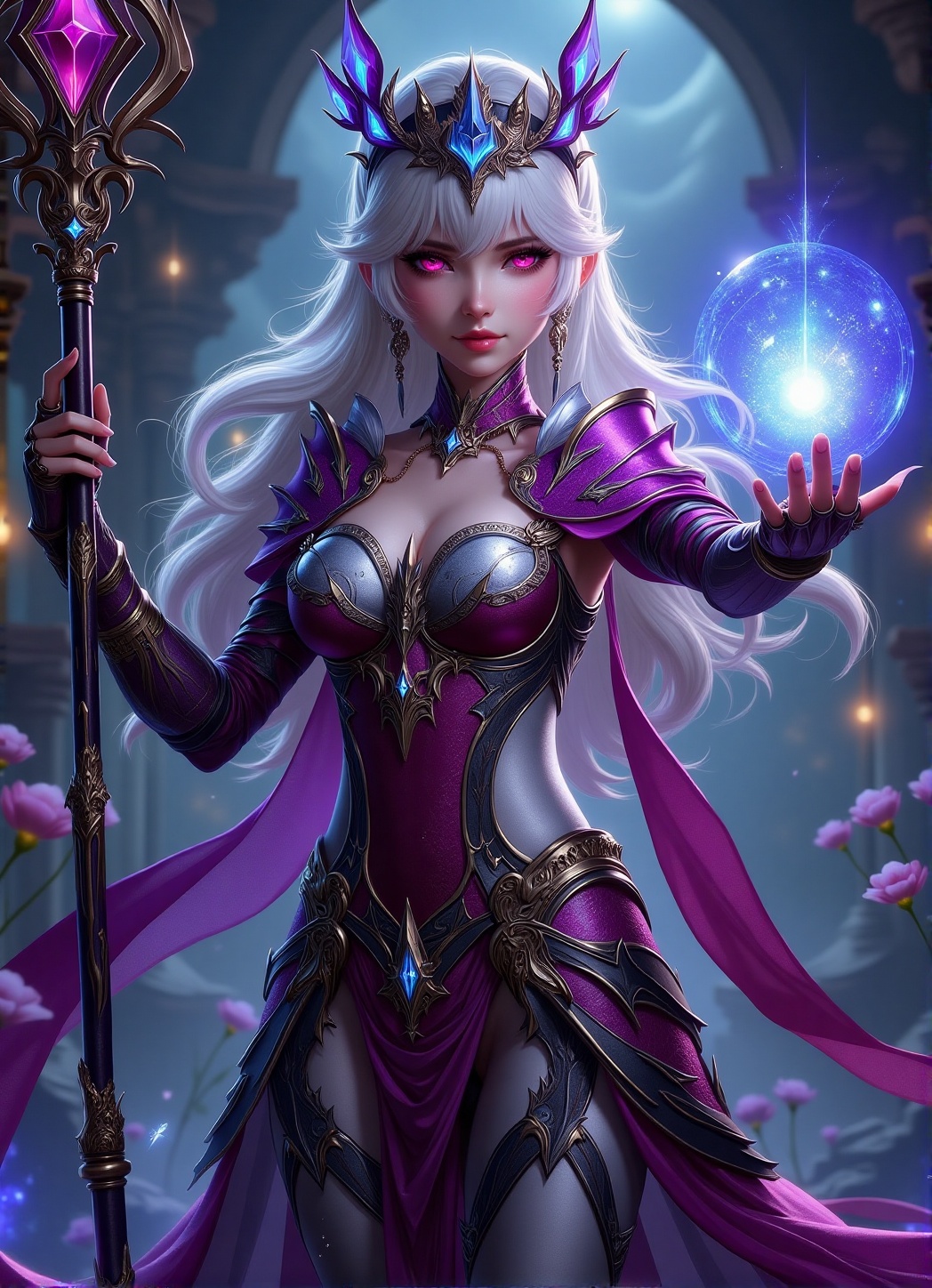 A high-quality hyperrealistic a princess with magic staff,  magic attire with half armors,  FantasyRpGanime on Tensor.Art
