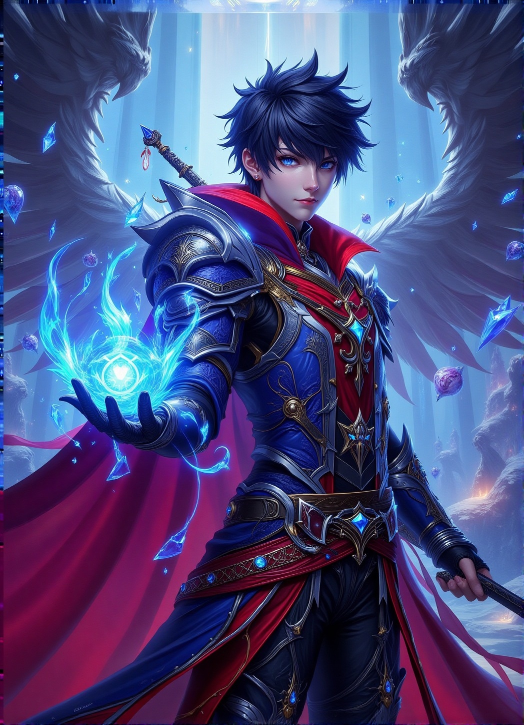 A high-quality hyperrealistic a guy with magic weapon,  magic armors,  FantasyRpGanime on Tensor.Art