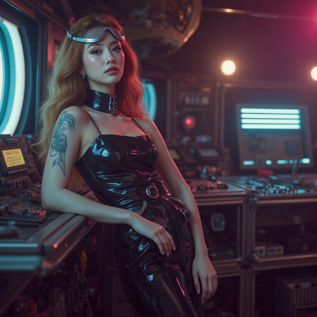 A stunning pinup girl from the 1970s era, dressed in a sleek jumpsuit with metallic accents, leans back against a retro-futuristic space ship's control panel. Her cute face is framed by a mesh visor and her anatomically correct physique is showcased through a shiny vinyl bodysuit. The cybernetic enhancements on her arms and torso glint in the dim lighting of the spaceship's interior, where neon hues and pulsing lights create a mesmerizing atmosphere.,hot body,Enhanced all