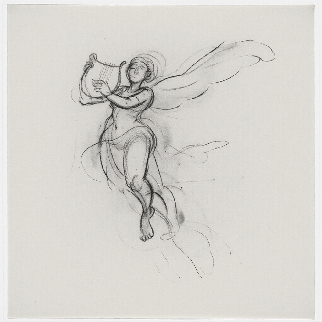 gstdrw A delicate,  expressive charcoal gesture drawing of a musical muse in mid-flight,  her lyre held effortlessly as sh...