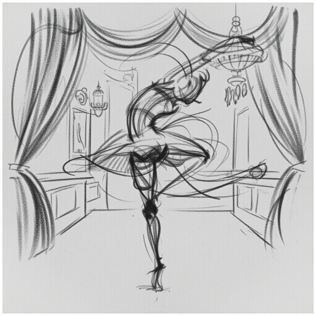 gstdrw A loose,  expressive charcoal gesture drawing capturing a ballet dancer in the midst of a dramatic pirouette within...
