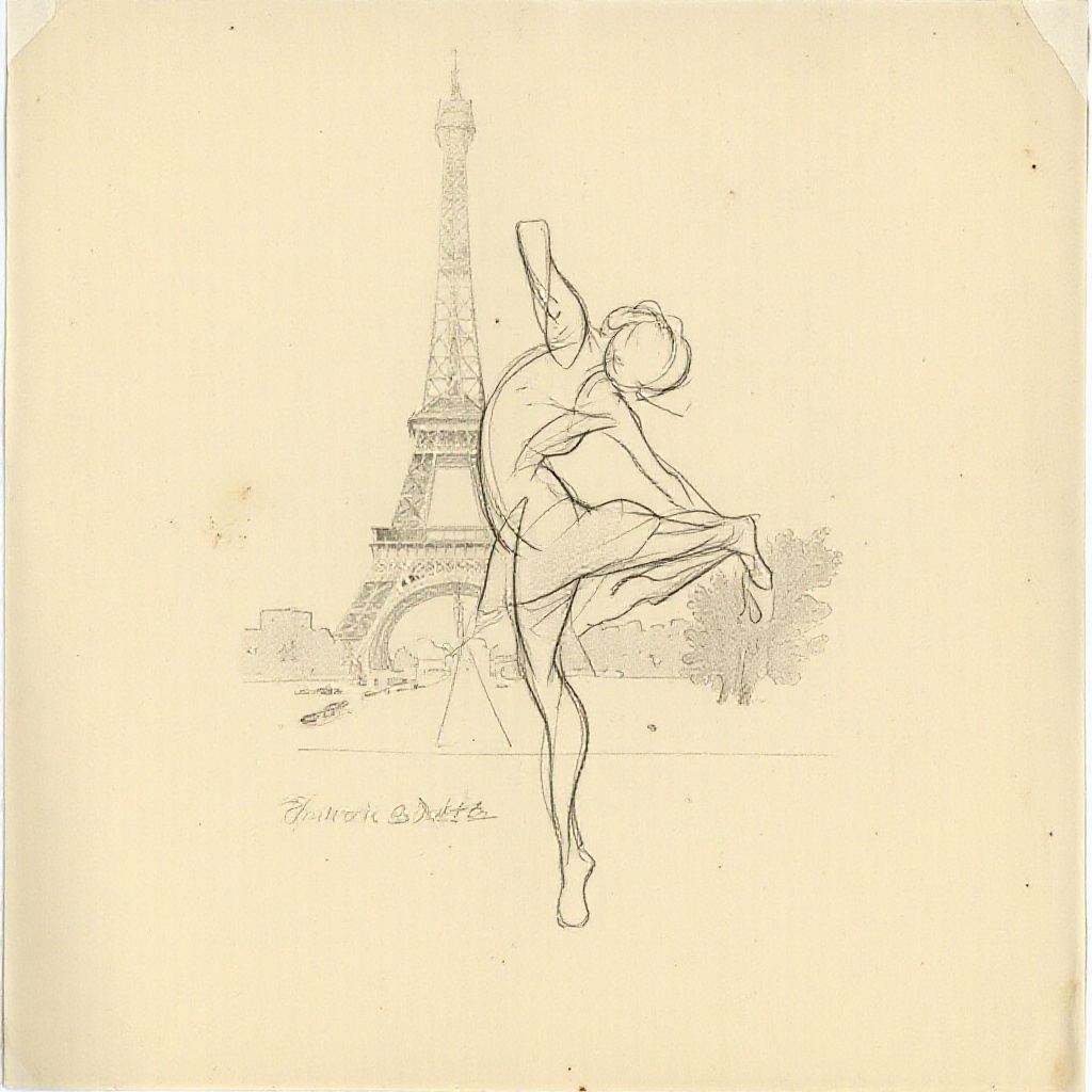 gstdrw A graceful gesture drawing of a ballerina poised in front of the Eiffel Tower,  captured with flowing pencil lines...