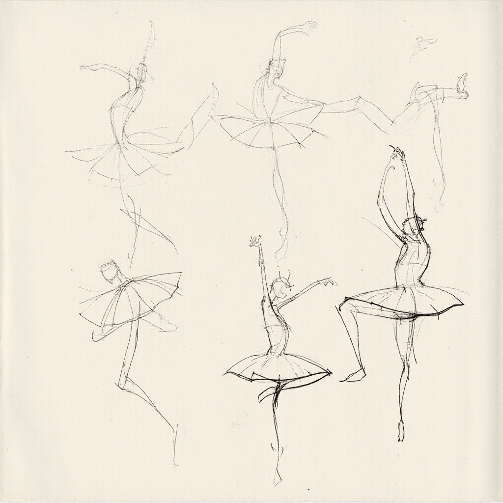 gstdrw gstdrw style,  sheet with set of sketches of ballerina with a tutu dancing,  A gesture drawing on a lightly-texture...
