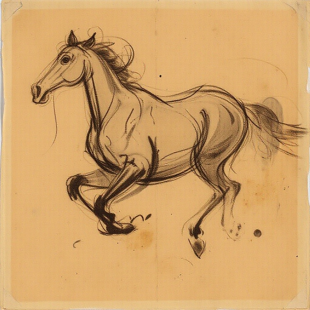 gstdrw A gestural,  spontaneous drawing of a horse galloping,  captured with a delicate combination of fine charcoal and s...