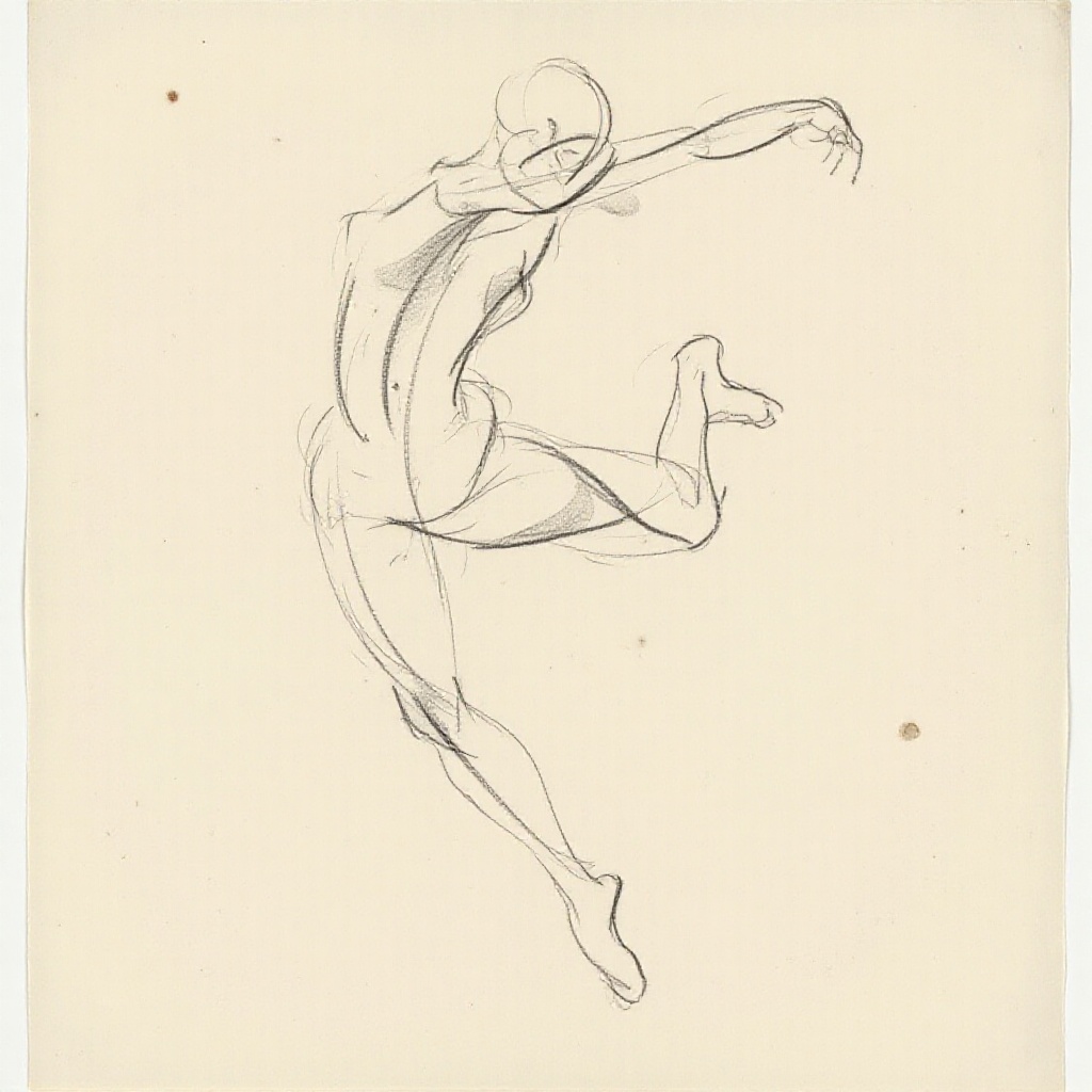 gstdrw A gesture drawing of a dancer frozen in mid-leap,  captured with fine,  sweeping pencil lines that convey the energ...