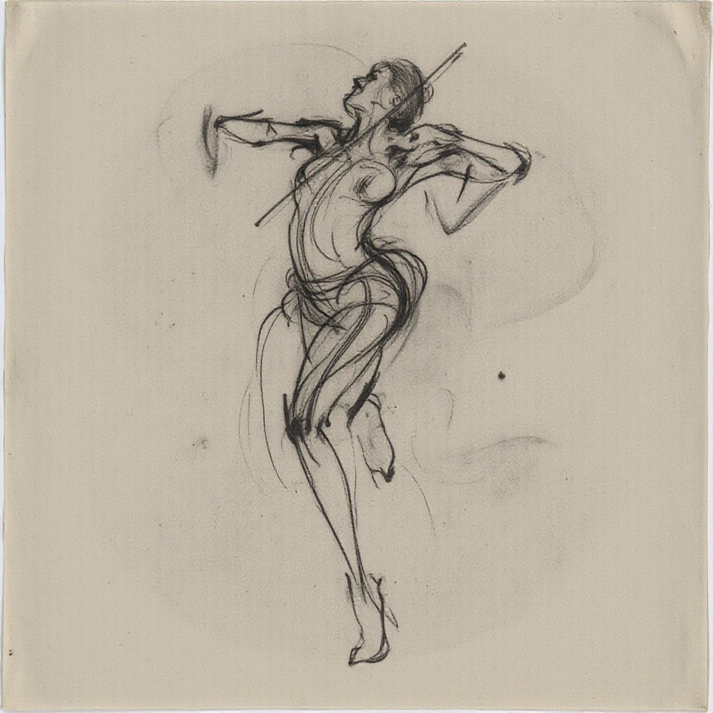 gstdrw A captivating gesture drawing of the "Flying Musician" in soft charcoal and ink on warm,  textured gray paper,  evo...