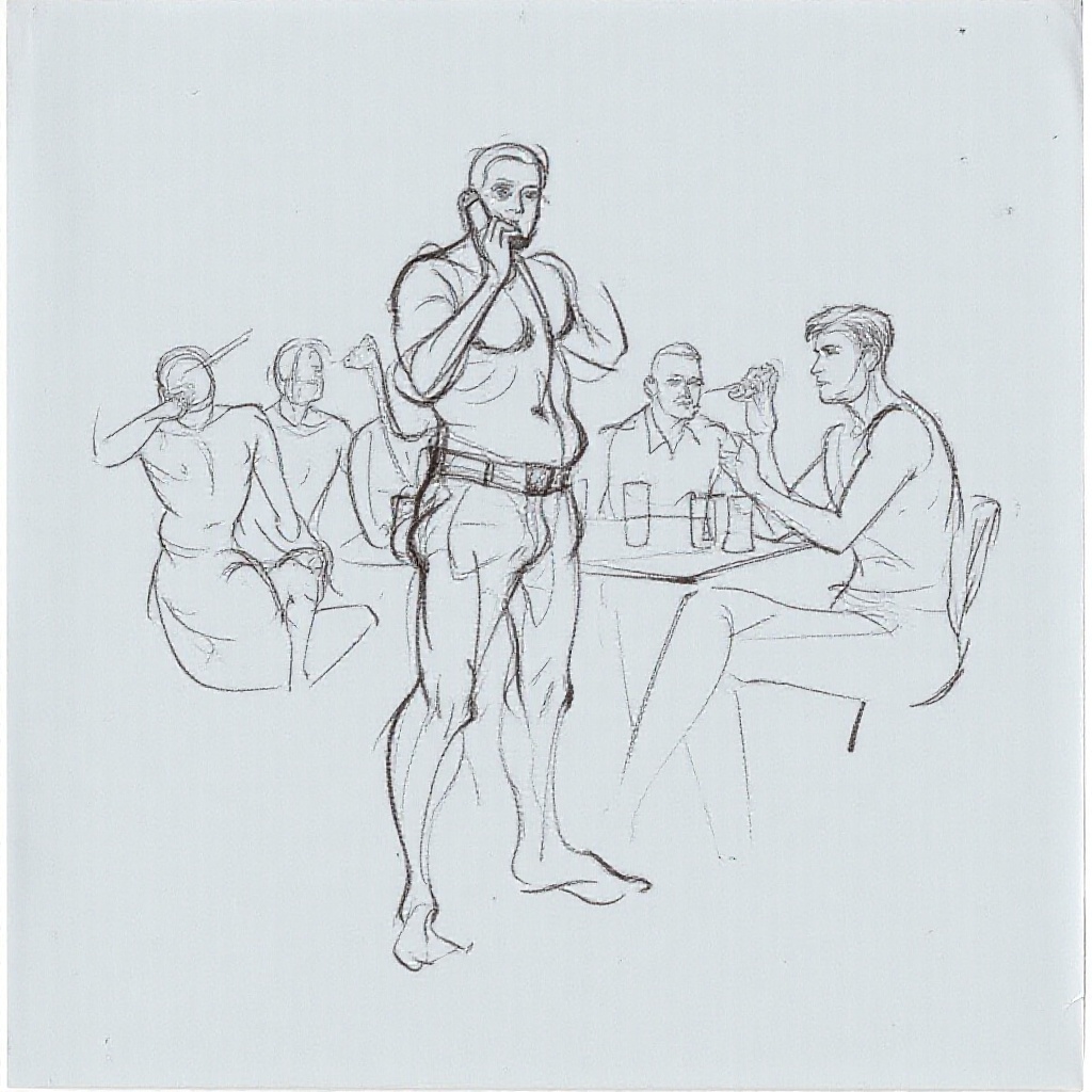 gstdrw A gesture drawing of a man talking on a phone,  captured with fine,  fluid pencil lines that trace the casual postu...