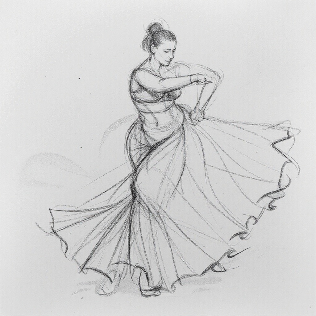 gstdrw. A captivating gesture drawing of a flamenco dancer,  frozen in a whirlwind of movement,  rendered in expressive on...