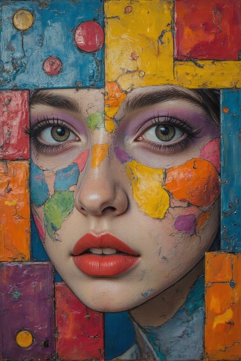 portrait of the face of a young woman,  oil painting,  cubist style on Tensor.Art