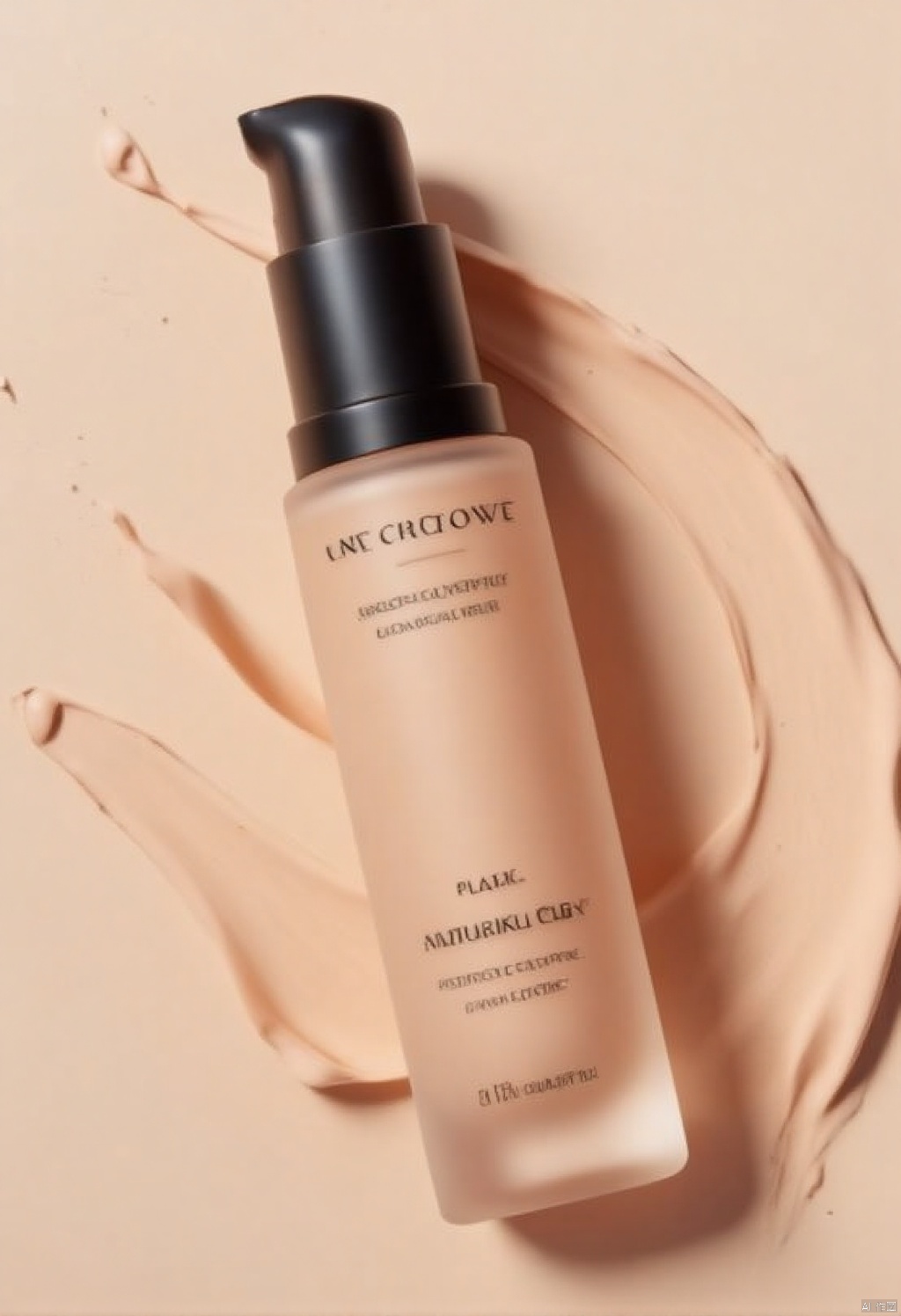 roduct rendering
a sleek
transparent bottle of makeup is adorned with a black cap
