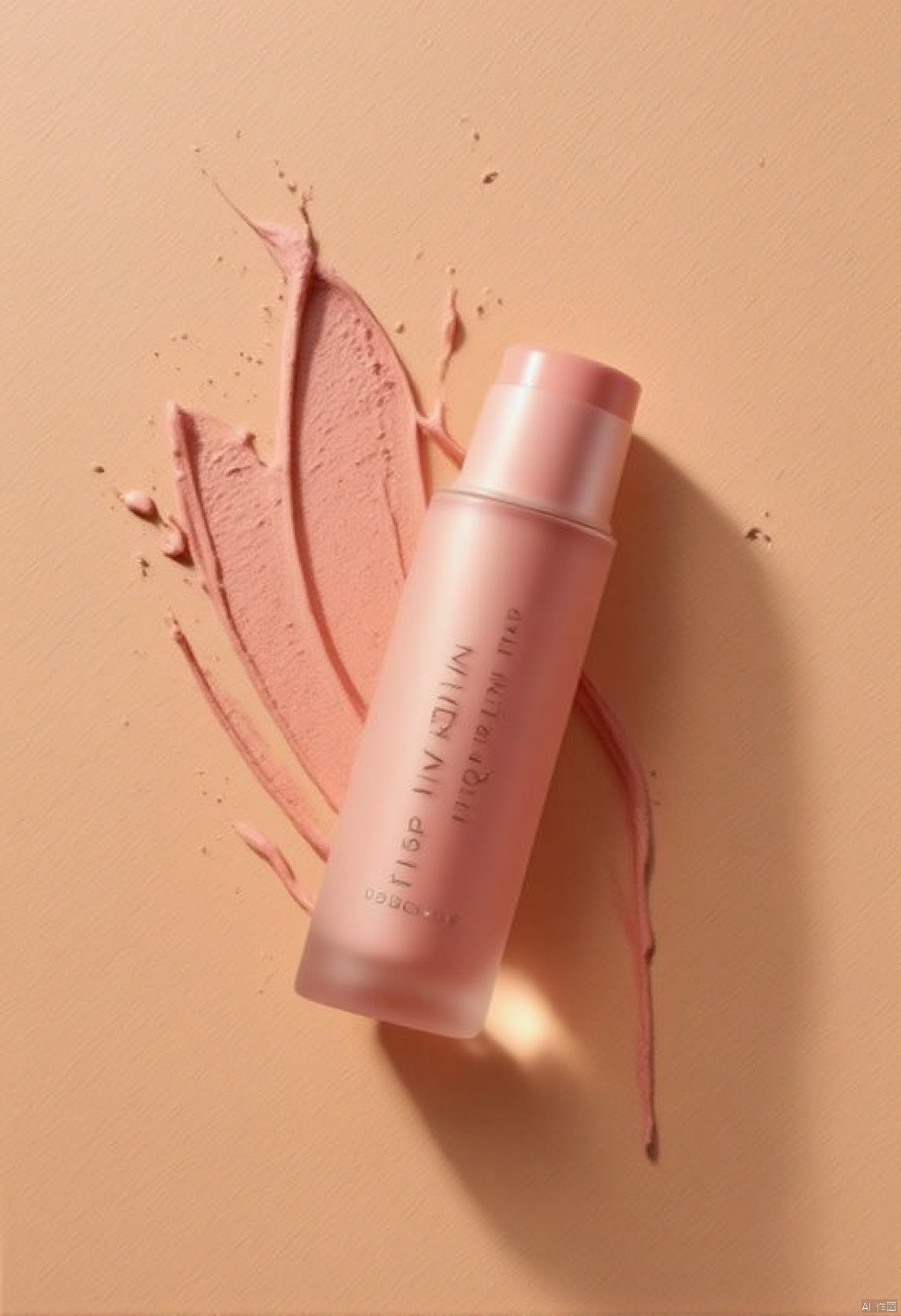 Product rendering,Captured from a high-angle,eye-level perspective,a light pink bottle of lipstick is adorned with the brand name "RICHARDIN" in black cursive letters. The lipstick is placed on a light brown wooden surface
