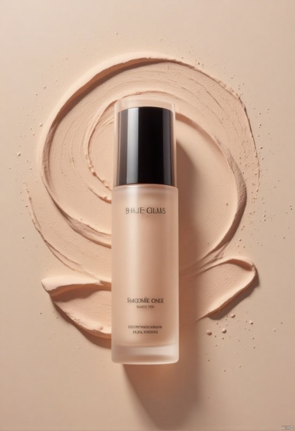 roduct rendering
a sleek
transparent bottle of makeup is adorned with a black cap
