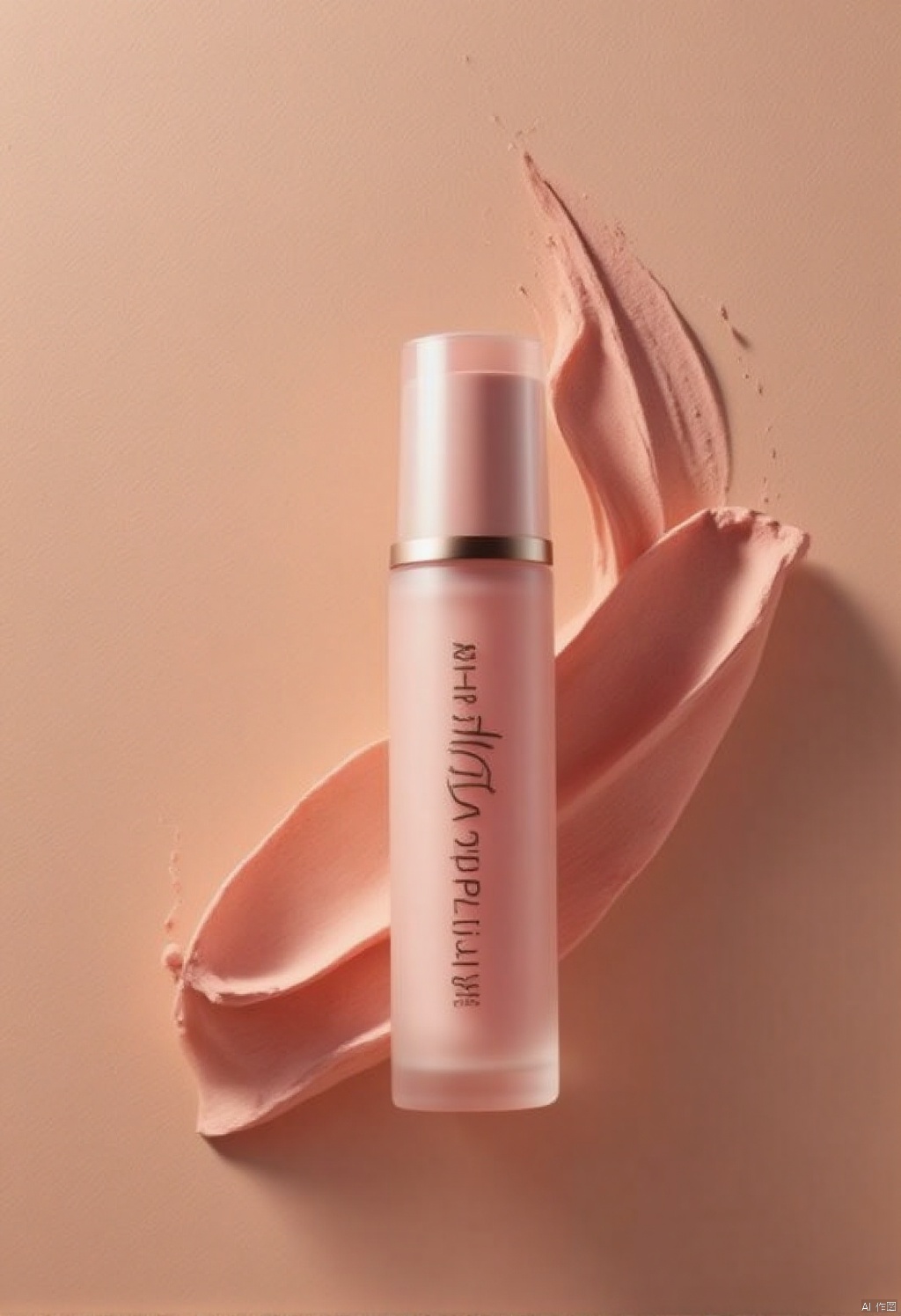 Product rendering,Captured from a high-angle,eye-level perspective,a light pink bottle of lipstick is adorned with the brand name "RICHARDIN" in black cursive letters. The lipstick is placed on a light brown wooden surface
