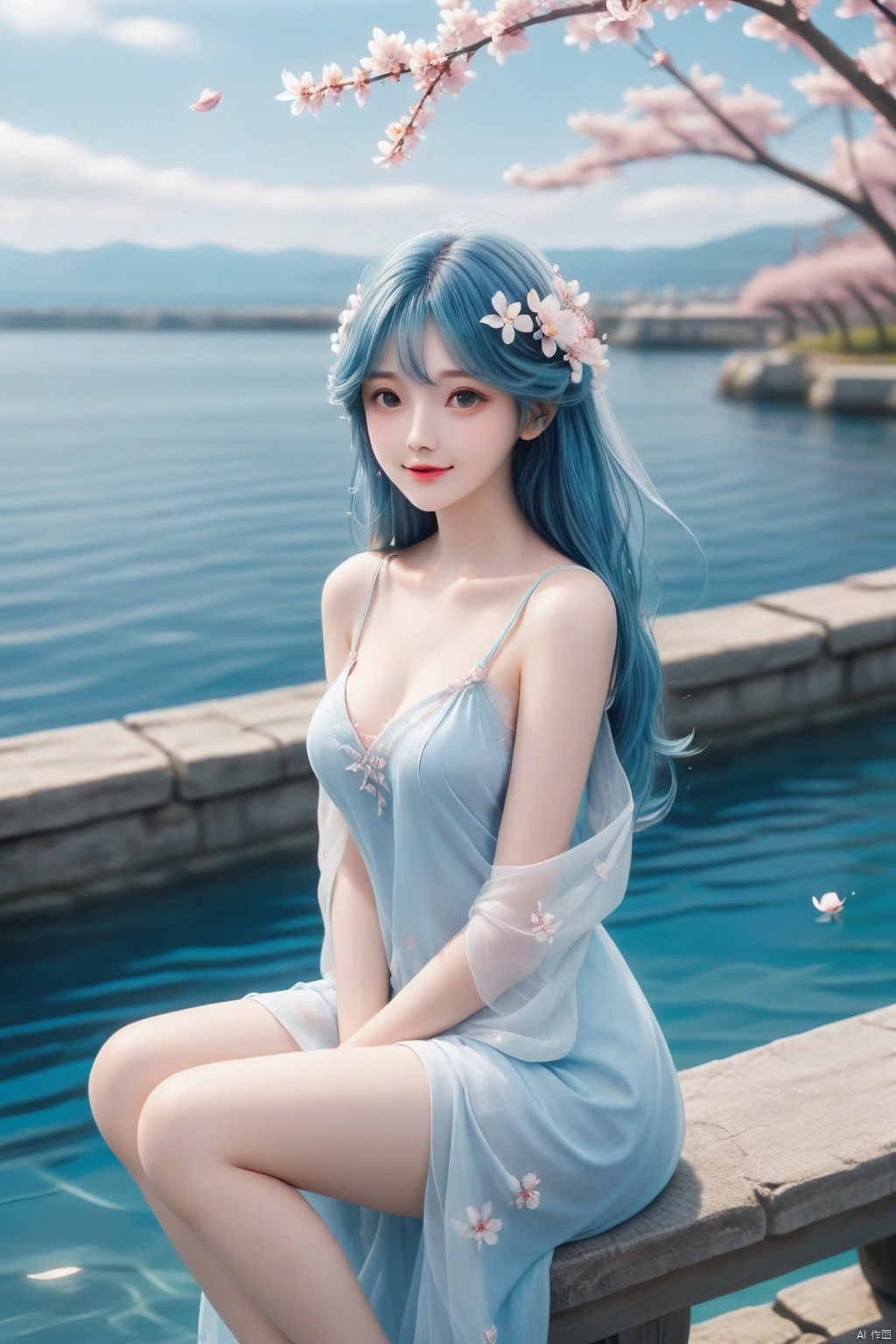 1girl,solo,blue hair,looking at viewer,masterpiece,best quality,official art,extremely detailed CG unity 8k wallpaper,long hair,flower,hair flower,blue sky,water,Happiness,flower,Cherry Blossoms,from above,sitting,looking at viewer,A natural expression,