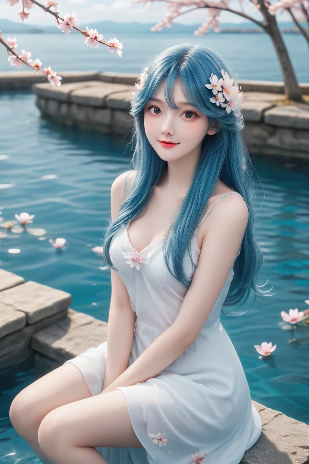 1girl,solo,blue hair,looking at viewer,masterpiece,best quality,official art,extremely detailed CG unity 8k wallpaper,long hair,flower,hair flower,blue sky,water,Happiness,flower,Cherry Blossoms,from above,sitting,looking at viewer,A natural expression,from above