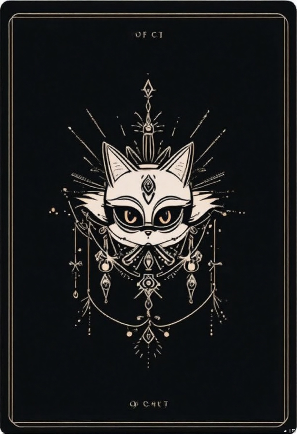 Card design,A black playing card with a white cat face in the center of the card. The cat's face is facing towards the left side of the frame. Its eyes are wide open and its ears are pointed up. The ears are white and pointy. The face of the cat is white with a black nose and mouth. There are white lines drawn around the cat's mouth and around the eyes. The card has the word "OF CAPT" at the bottom of it in white letters.
